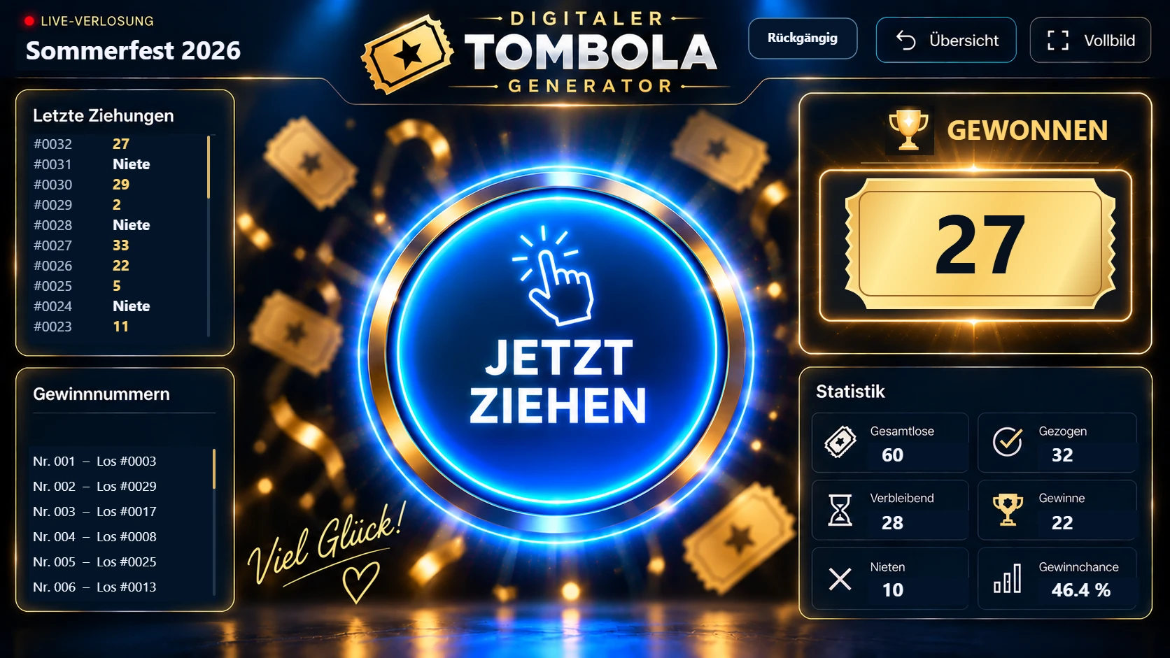 Neuer Tombola-Generator mit goldenem Gewinnlos, Ziehknopf, Verlauf und Statistik